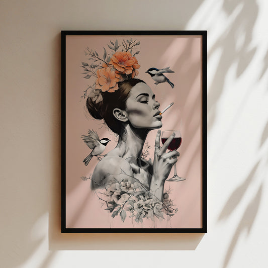 The image is a framed artwork depicting a woman with a cigarette in her hand, surrounded by flowers and birds.