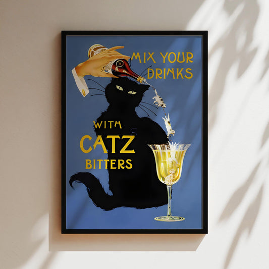 Catz Bitters Art Print Poster Canvas, Blue Cat Posters, Kitchen Home Decor, Black Cat Lover Prints, Kittens, Vintage Wine Posters