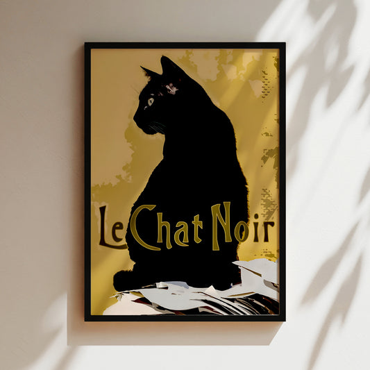 A framed poster featuring a black cat sitting on a surface, with the text "Le Chat Noir" prominently displayed.