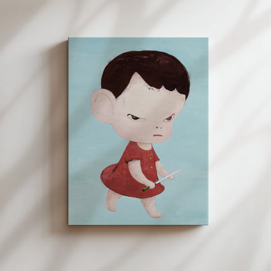 Nara Art Print - Knife Behind Back - Girl in Red Dress and Blue Japanese Poster Anime Wall Japan Canvas Gifts