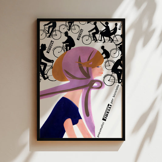 a painting of a woman with a bicycle on a wall