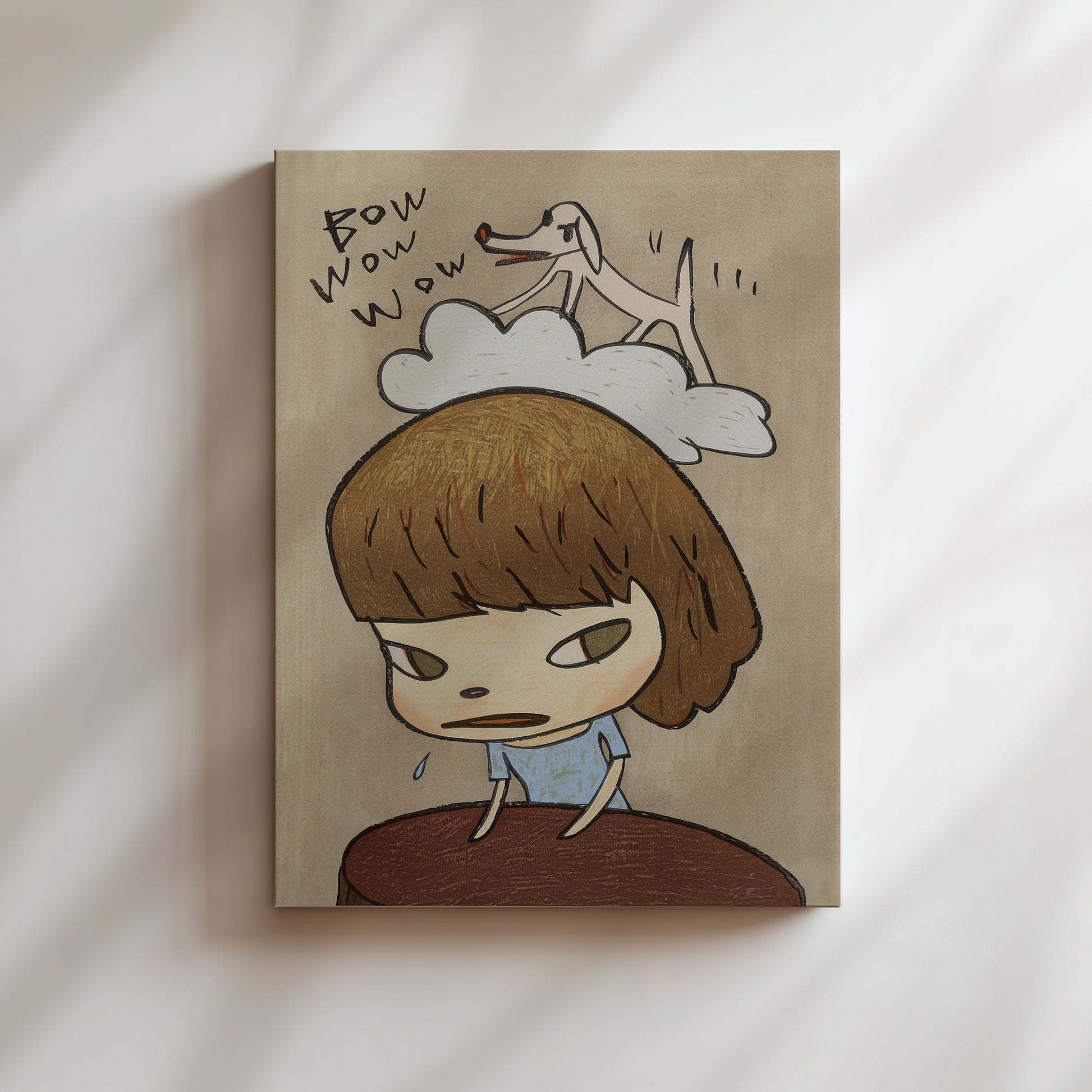 a painting of a girl with a dog on her head