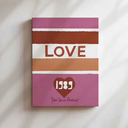 The image is a poster with the word "LOVE" prominently displayed in the center, along with a heart symbol and the year "1989" below it.