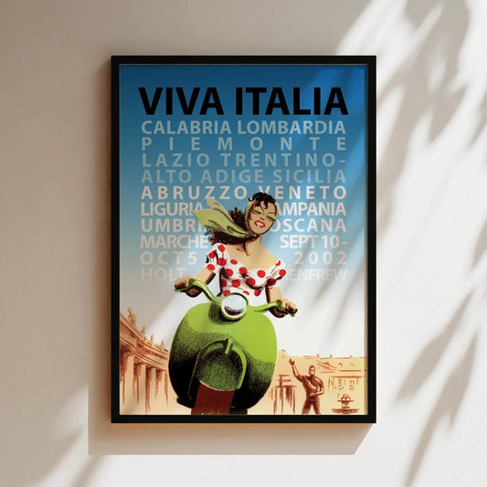 Viva Italia Scooter Girl Vintage Poster in Red, Wall Art, Loungeroom Decor, Vintage Art, Scooters, Bicycles, Kids Room Art, Yellow and Red
