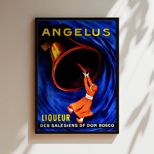 The image is a framed vintage poster advertising a liquor brand called Angelus.