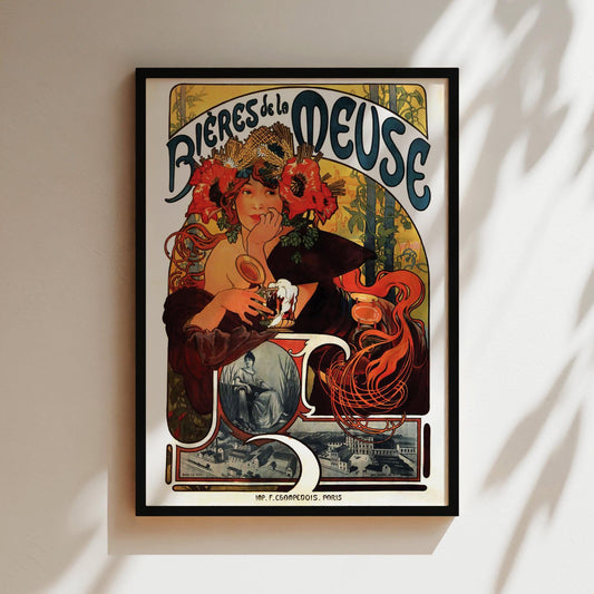 Bieres de la Meuse Vintage Beer Wall Art Advertising Poster Canvas Print Framed Alcohol and Wine Veuve Amiot - Material