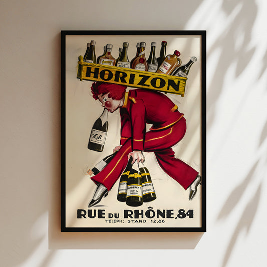 The image is a framed vintage advertisement poster featuring a man in a red suit and hat, holding a sign that says " Horizon" and a bottle of champagne.