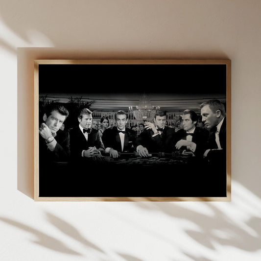 Which Bond 007 Art Print Poster Canvas, James Wall Art, Bond Canvas, Black Suits Frames Poker Table at Casino with all James Bond Characters