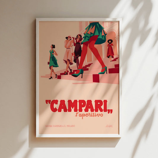 The image is a framed poster featuring a stylized illustration of a woman in a green dress walking down a staircase, with other women in the background. The poster has a pink and green color scheme and includes the text "CAMPARI,aperitivo" in bold red letters.