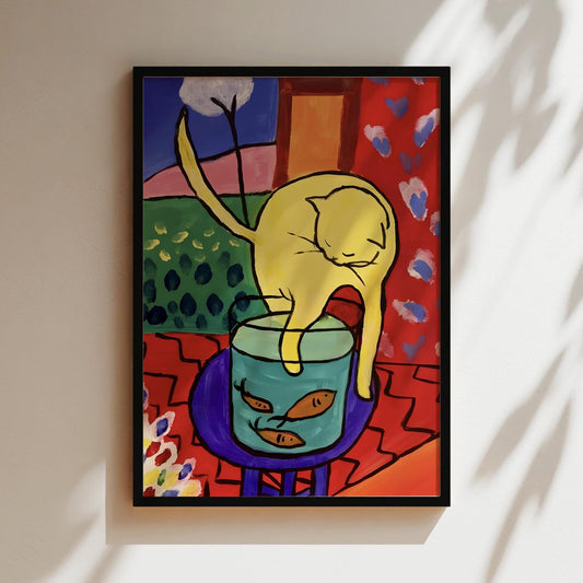 Matisse Cat Poster, Yellow Cat with Goldfish, Matisse Coloured Cat Posters, Kitchen Home Decor, Colorful Cat Lover Prints, Kittens
