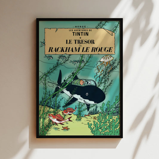 The image is a framed poster featuring illustrations of underwater scenes, including a whale, fish, and seaweed, along with a character in a submarine.