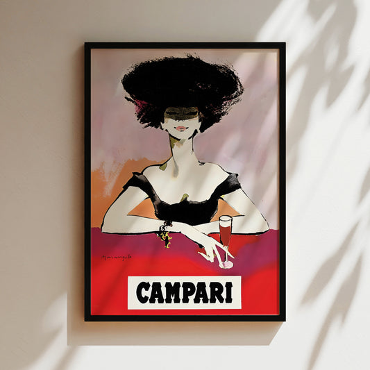 The image is a framed poster featuring an illustration of a woman with a large black hat, sitting at a table with a glass of wine.