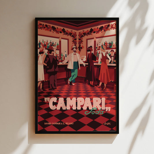 The image is a framed poster featuring a stylized illustration of a bar scene with people dressed in vintage-style clothing.