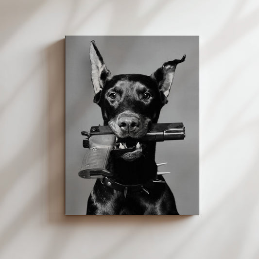 a black and white photo of a dog with a gun in its mouth