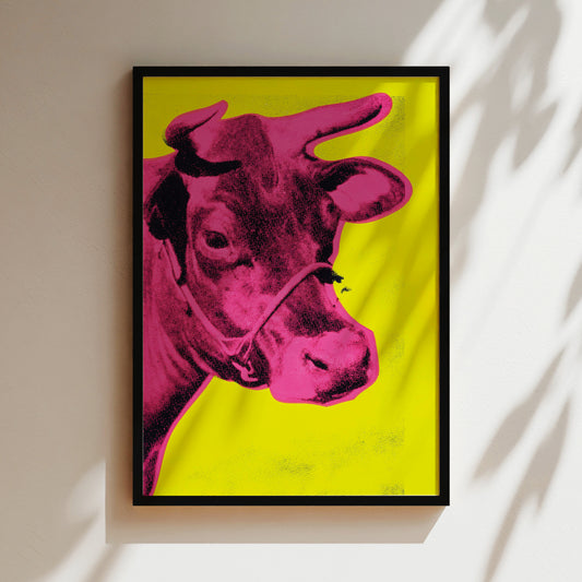 a painting of a cow on a yellow and pink background