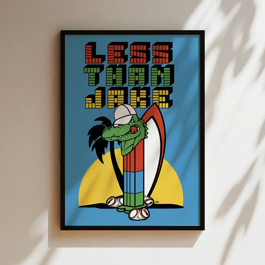 a cartoon-style illustration of a green alligator holding a surfboard, with the text "LESS THAN 500" prominently displayed above the image.