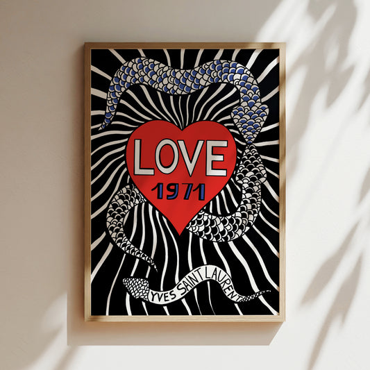 The image is a framed poster with a black and white zebra-like background, a red heart in the center, and a snake-like pattern on the left side. The text "LOVE 1971" is prominently displayed in the center of the poster.