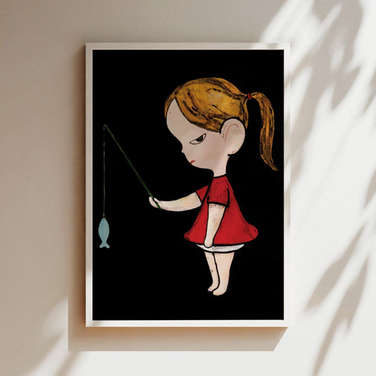 Nara Art Print - Nara Night Fishing Poster - Nara Girl in Red Dress Fishing Wall Art Print, Japanese Poster, Gifts for Anime Lovers