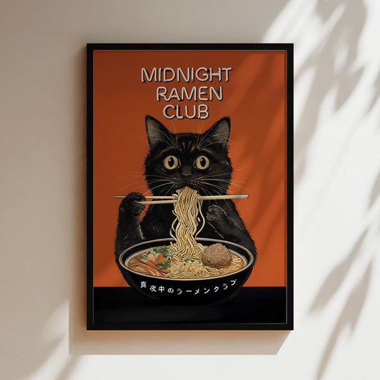 Japanese Cat Poster, Midnight Ramen Club, Cat Eating Ramen Noodles Posters, Kitchen Home Decor, Orange Cat Lover Prints, Kittens, Black Cats