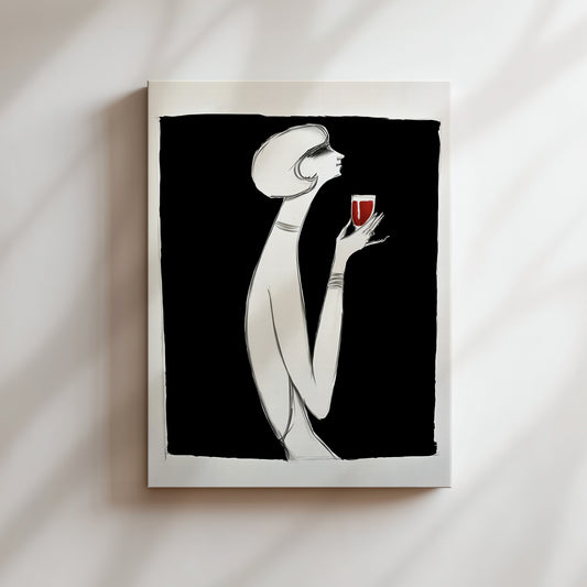 The image is a black and white illustration of a woman holding a glass of wine.