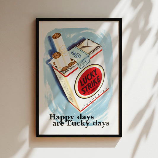 The image is a framed poster with an illustration of a Lucky Strike cigarette pack, along with the text "Happy days are Lucky days" and "Lucky Strike" written on it.