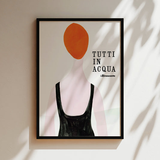 a picture of a woman with an orange balloon hanging on a wall