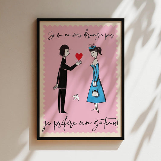 Je Prefere Un Gateau Art, Valentines Gifts, Romantic Wall Art, Cute French Poster, Baby Pink Wall Art, Vintage French Red Art Poster, Love