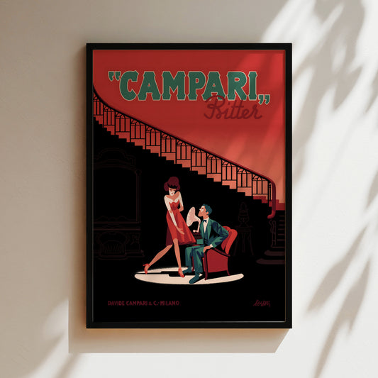 The image is a framed poster featuring a stylized illustration of a man and a woman in a dance pose, with a staircase and a balcony in the background.