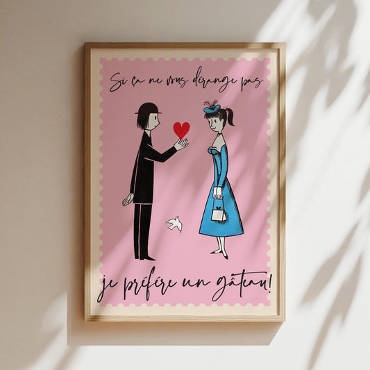 Je Prefere Un Gateau Art, Valentines Gifts, Romantic Wall Art, Cute French Poster, Baby Pink Wall Art, Vintage French Red Art Poster, Love