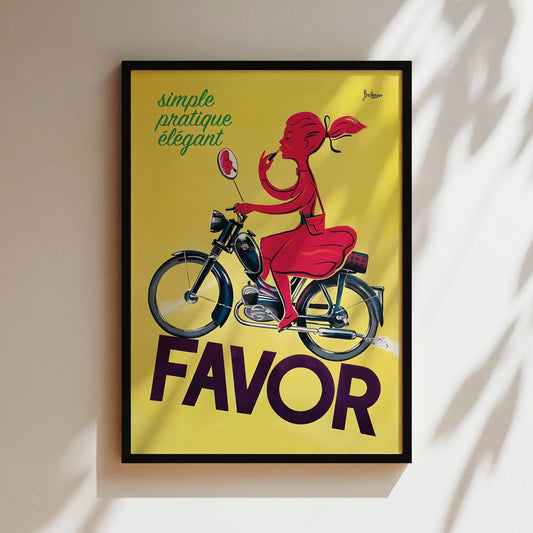 Favor Scooter Girl Vintage Poster in Red Wall Art Loungeroom Decor Scooters Bicycles Kids Room Yellow and - Print