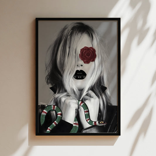 a picture of a woman with a rose on her face