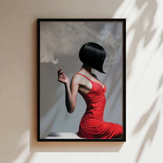 a woman in a red dress smoking a cigarette