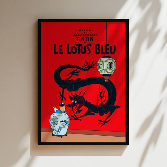 The image is a framed poster featuring a red background with a black dragon and a person inside a vase.