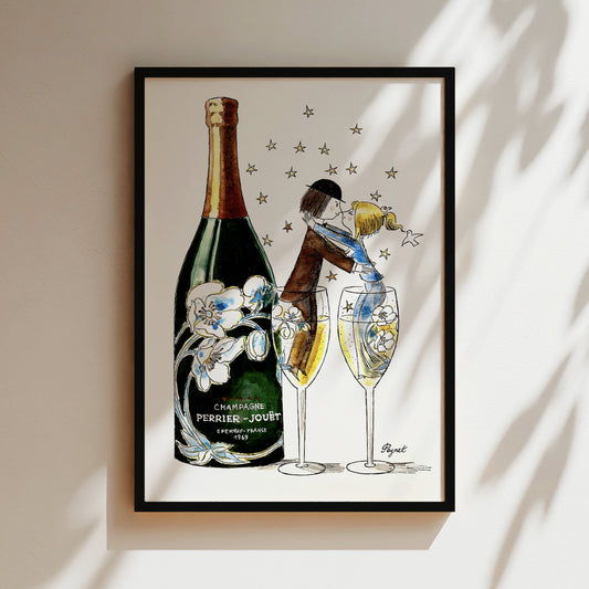 The image is a framed illustration depicting a bottle of champagne, two champagne glasses, and a mermaid.