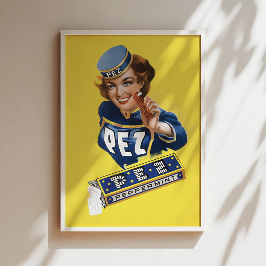 Pez Yellow Poster, Vintage Pez Confectionary Print, Art about Lollies Poster, Vintage Candy Poster, Yellow art for kids room, Art for bars