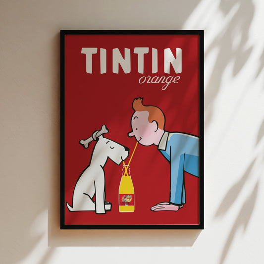 The image is a framed poster featuring a cartoon illustration of a man and a dog, with the man holding a bottle of orange juice and the dog sitting next to him.