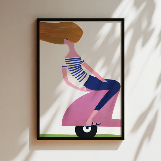 a painting of a woman riding a scooter