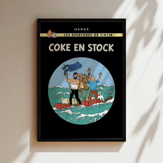 The image is a framed poster featuring the characters from the animated series "Coke En Stock" and includes a depiction of the characters on a raft in the ocean.