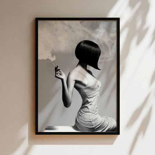 a woman in a white dress smoking a cigarette