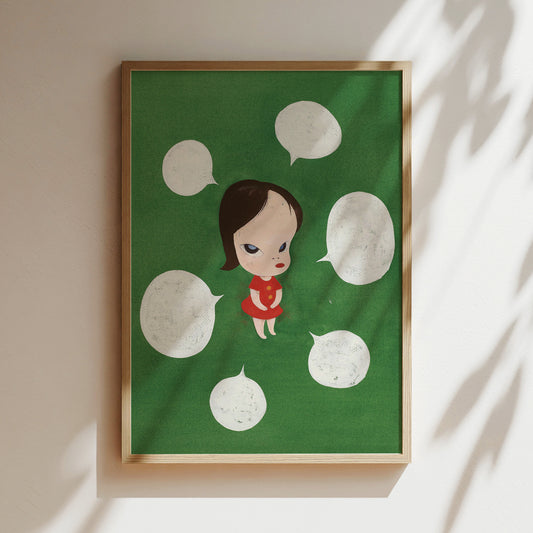 a picture of a girl with speech bubbles on a green background