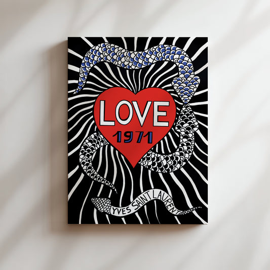 The image is a poster with a black and white background, featuring a red heart with the word "LOVE" written inside it. The heart is surrounded by a zebra-like pattern, and there is a snake-like pattern on the right side of the heart. The text "LOVE 1971" is also present on the poster.
