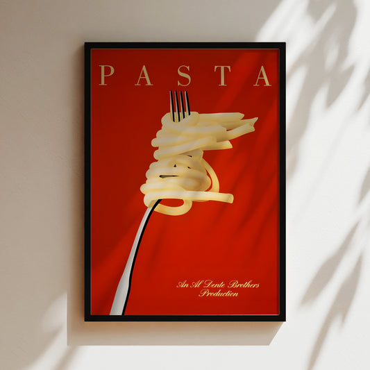 The image is a framed poster featuring a close-up of a fork with spaghetti noodles on a red background.