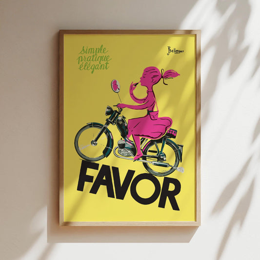 Favor Scooter Girl Vintage Poster in Pink Wall Art Loungeroom Decor Scooters Bicycles Kids Room Yellow and - Print