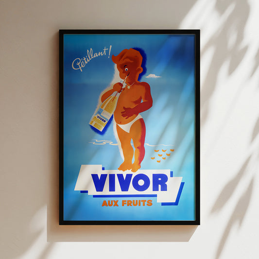 The image is a framed vintage advertisement poster featuring a cartoon image of a child holding a bottle of VIVOR brand juice.