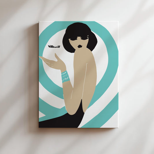 Bally Swirl Teal Vintage Wall Art, Vintage Advertising Poster, Luxury Old Fashion Canvas, Print, Framed, Retro Shoe Advertisement, Dark Hair