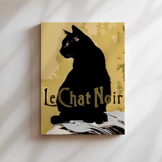 a black cat sitting on a surface, with the text "Le Chat Noir" prominently displayed in the center.