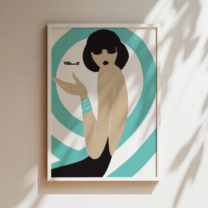 Bally Swirl Teal Vintage Wall Art, Vintage Advertising Poster, Luxury Old Fashion Canvas, Print, Framed, Retro Shoe Advertisement, Dark Hair