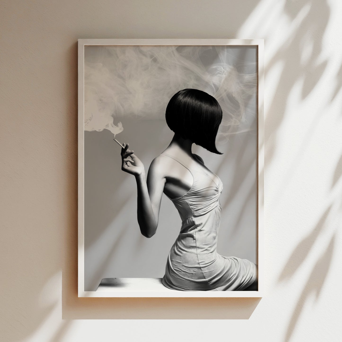 a woman in a white dress smoking a cigarette