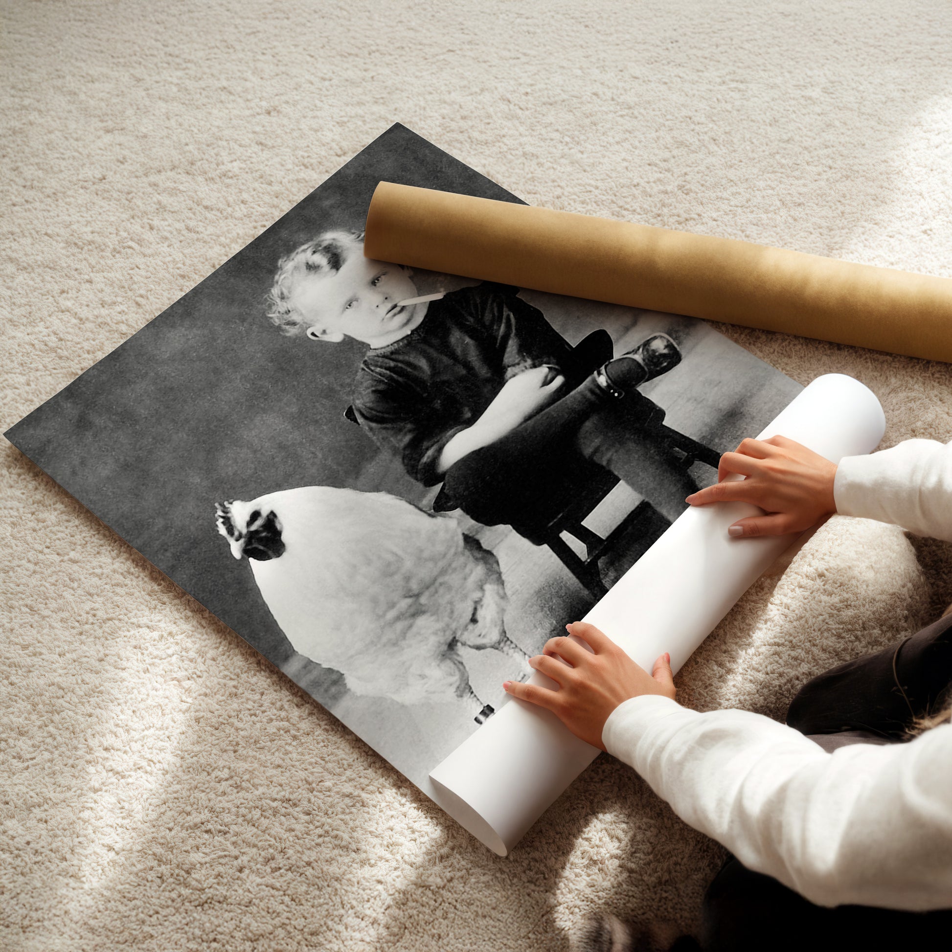 a young child is playing with a picture of a woman