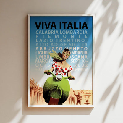 Viva Italia Scooter Girl Vintage Poster in Red, Wall Art, Loungeroom Decor, Vintage Art, Scooters, Bicycles, Kids Room Art, Yellow and Red